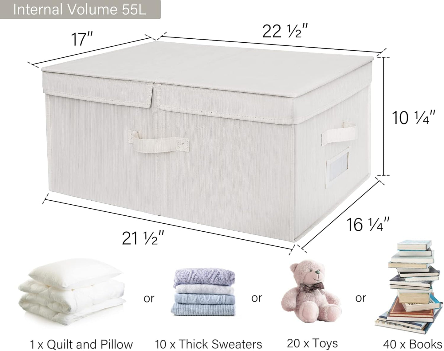 StorageWorks Extra Large Storage Bins with Lids, 55L Decorative Storage Bins with Double-Open Lid and Divider Board, Fabric Bins with Handles, Mixing of Beige, White & Ivory, 2-Pack