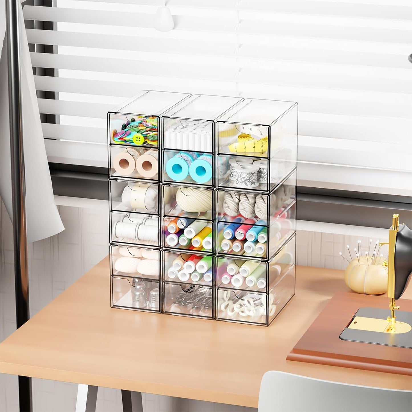 Yieach 9 Pack Small Acrylic Drawers With 18 Drawers,Clear Drawer Organizers Stackable,School,Office Supplies Organizer And Storage Bins for Stationery,Pen,Pencil,Craft,Glasses,Sunglass Organizer Case