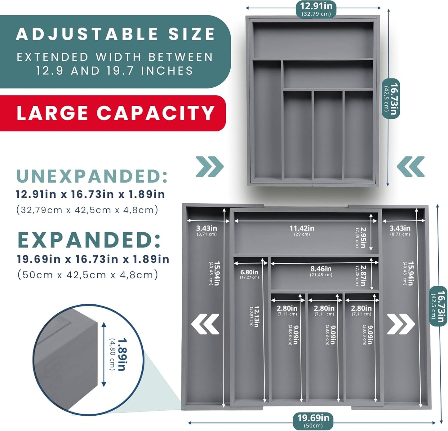 Sben Expandable Drawer Organizer for Utensils Holder, Adjustable Cutlery Tray, Wood Drawer Dividers Organizer for Silverware, Flatware, Knives for Kitchen (Gray)