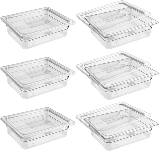 6 Pack 1/2 Size 4'' Deep Clear Food Pans with Lids, Commercial Food Pans Polycarbonate Transparent Food Storage Containers, Stackable Plastic Pan with Capacity Scale, Restaurant Supplies Hotel Pan