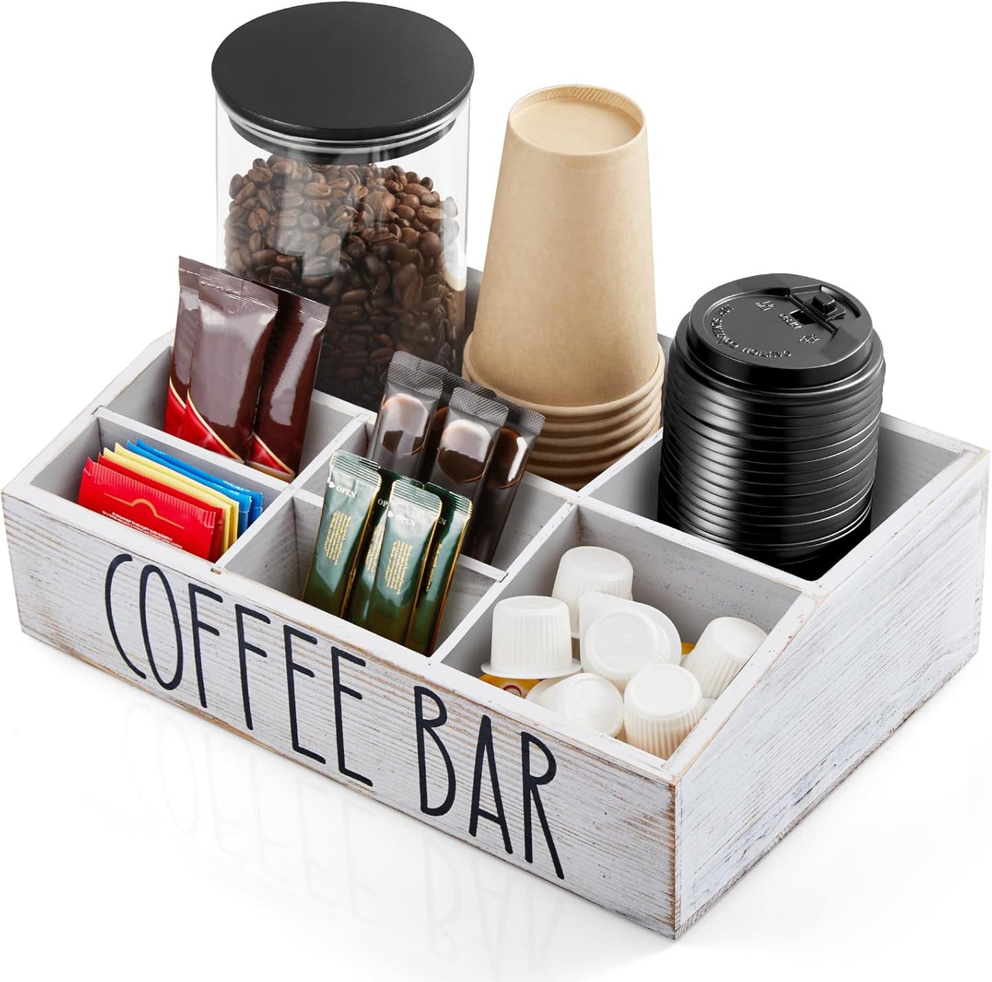 ALELION White Coffee Station Organizer for Countertop - 7 Compartments Rustic Coffee Bar Accessories and Organizer with Removable Dividers