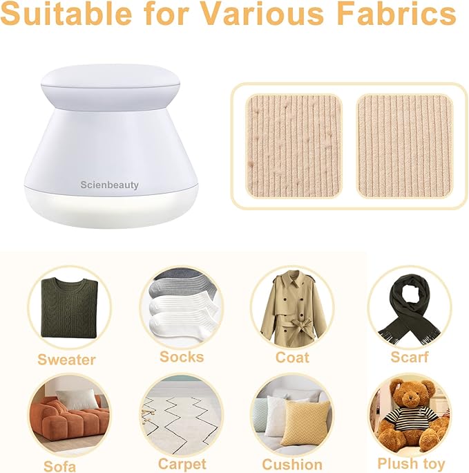 Scienbeauty Fabric Shaver Fuzz Remover Rechargeable, Electric Lint Remover with Light, Sweater Shaver with Stainless Steel 6-Blades, Dual Protection for Fuzz, Lint, Pills, Bobbles Removing