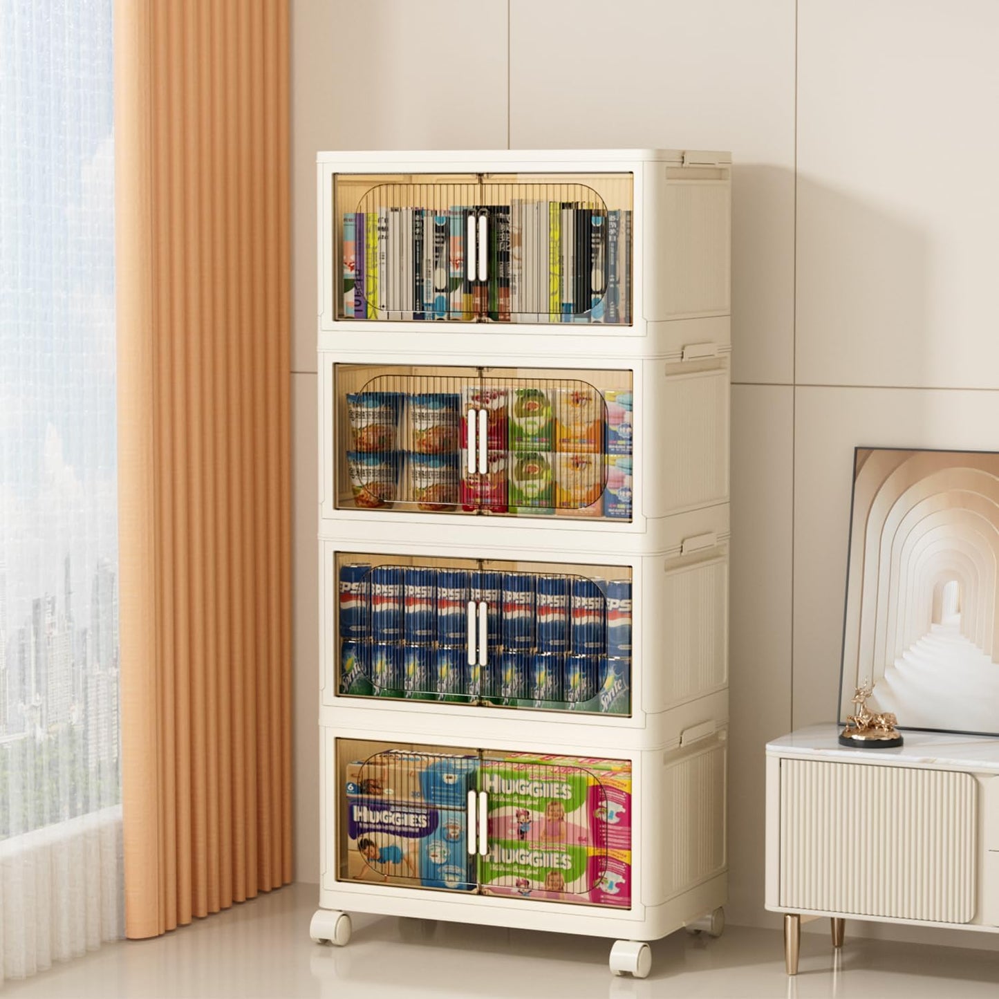 Holaki 156 QT Collapsible Closet Organizers with Lid, 4 Tier Stackable Plastic Storage Bins Cabinet with Wheels and Magnetic Door (White)