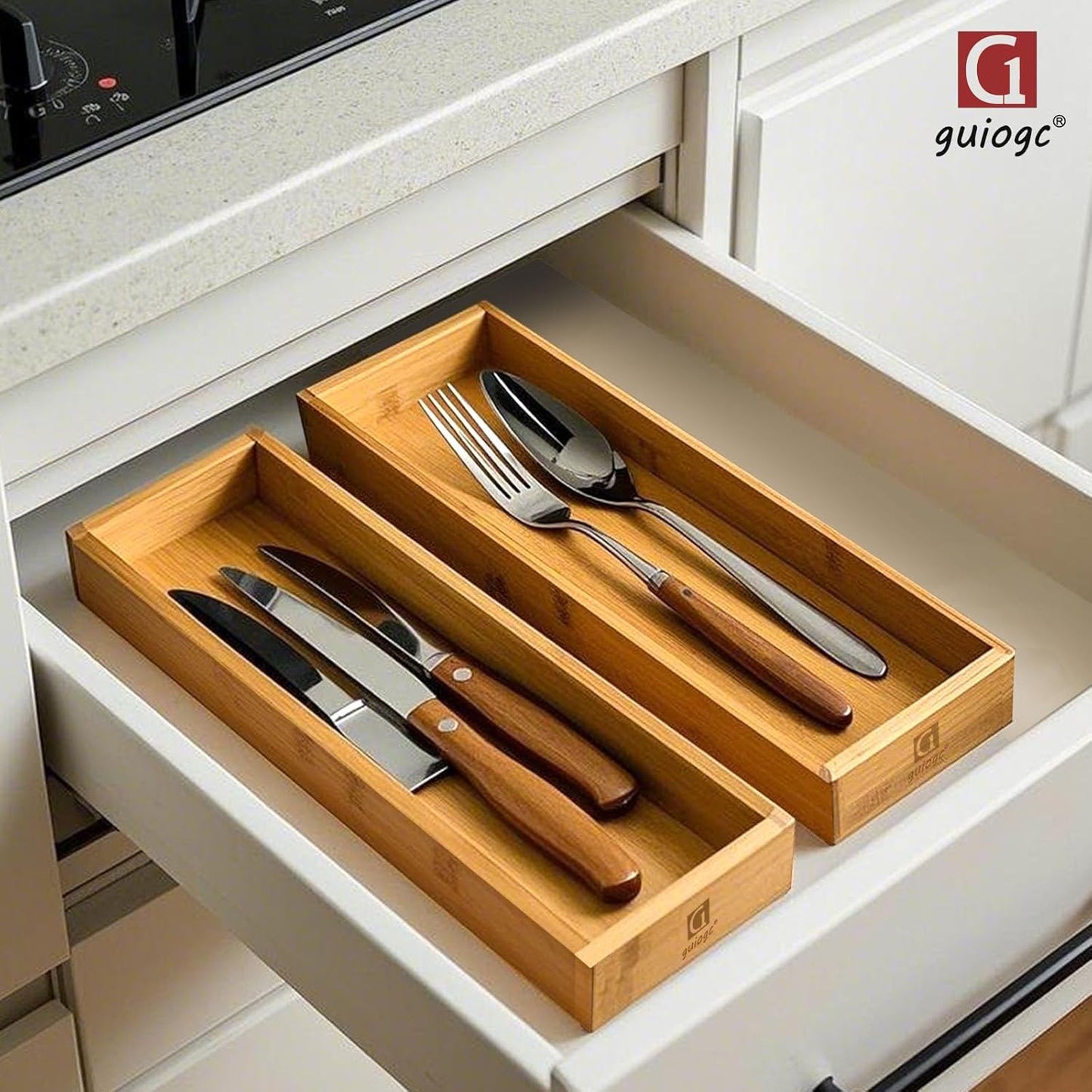 Bamboo Drawer Silverware Organizer, Flatware Organizers, Multi-purpose Bamboo Storage Box for Kitchen, Offices and Dressing table 11.5" x 3.15" x 1.8" (Set of 2)