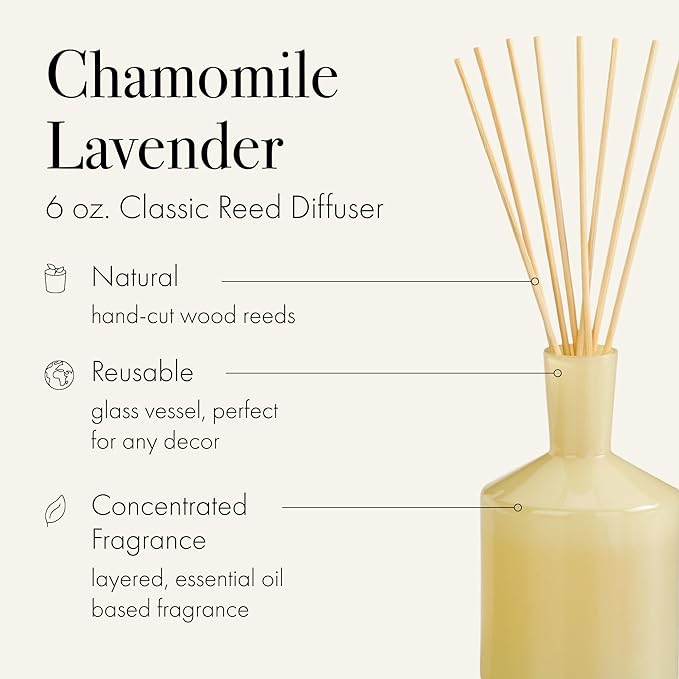 LAFCO New York Classic Reed Diffuser, Chamomile Lavender - 6 oz - Up to 3 Months Fragrance Life - Reusable, Hand Blown Glass Vessel - Natural Wood Reeds - Made in The USA