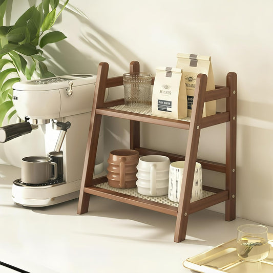 Narrow Mug Holder Countertop, 2 Tier Wicker-Look Tea and Coffee Bar Station Organizer, Bamboo Matcha Stand, Cup Display Shelf, Condiment Storage Rack for Kitchen Counter Cabinet, Brown