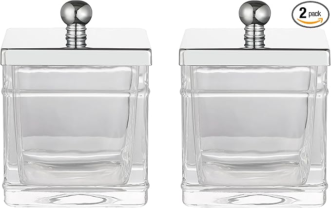 Glass Cotton Jar Holder 2 Pack– Silver/Chrome Lid, Elegant Bathroom Storage Canister for Qtips, Cotton Balls, Floss, Makeup Organizer, Vanity & Bathroom Organization