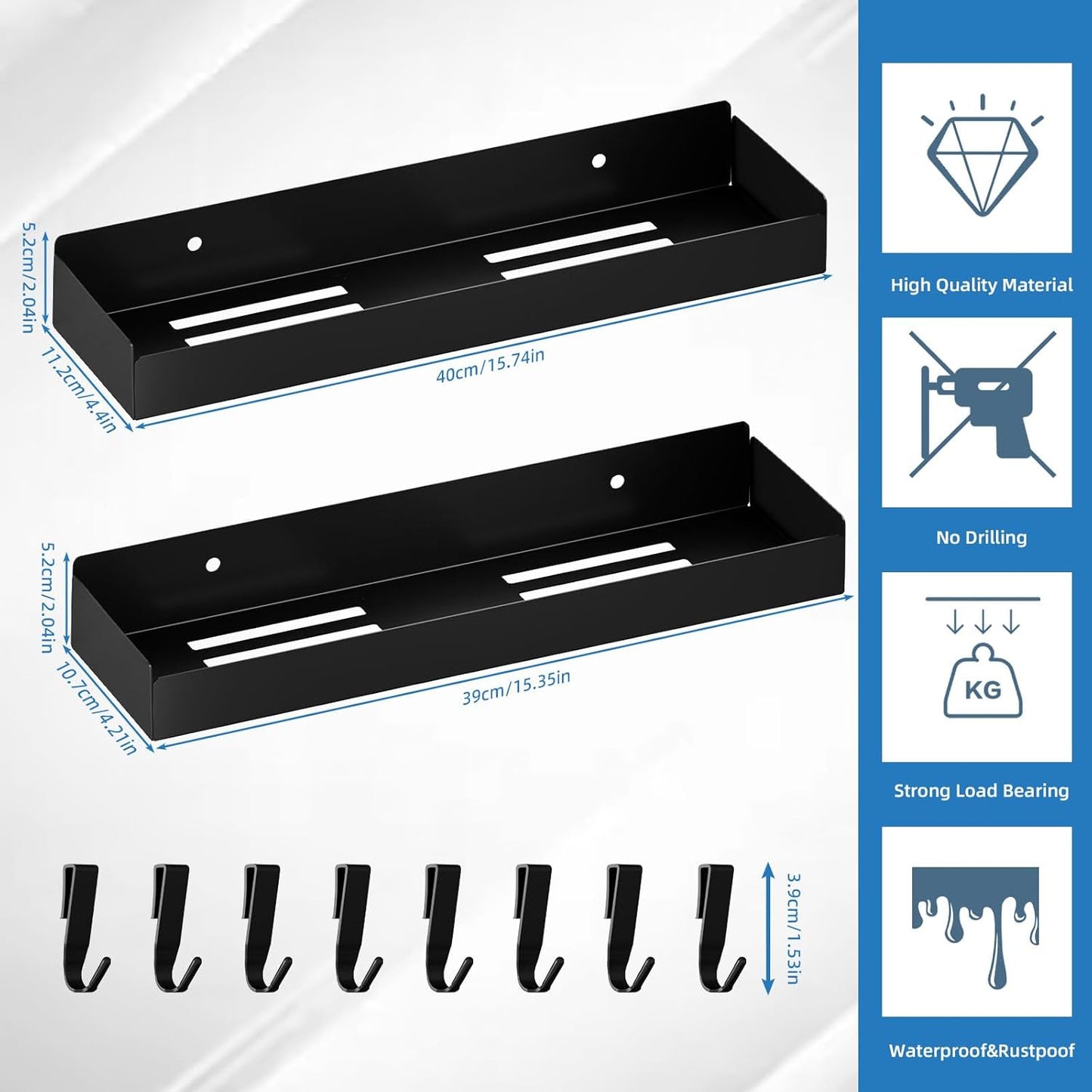 Shower Caddy Black,40cm Adhesive Shower Shelve with Large Capacity, Quick-Dry Metal Bathroom Shelves with 8 Hooks, 2 Pack Drill-Free Rustproof Durable Shower Organizers Rack