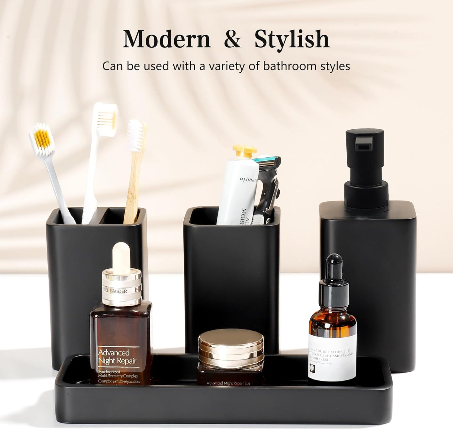 Bathroom Accessories Set, 4 Pcs Bathroom Accessory Set, Soap Dispenser, Toothbrush Holder, Qtip Holder Set, Bathroom Sets Complete, Bathroom Sink Set for Modern Home,Matte Black