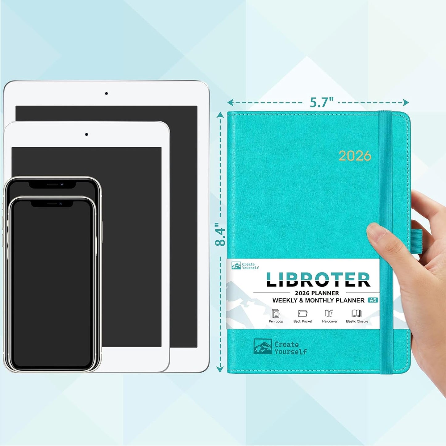 2026 Planner - Planner 2026, 2026 Weekly Monthly Planner, Jan.2026 - Dec.2026, 5.7'' x 8.4'', Thick Paper, Leather Cover, Pen Holder, Back Pocket, Bookmarks, Perfect Daily Organizer - Green