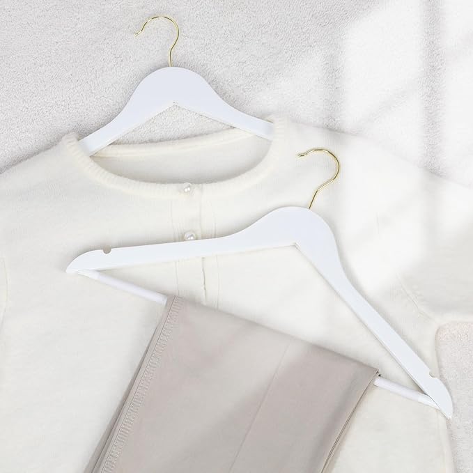TOPIA HANGER Wooden Hangers 30 Pack, White Wood Coat Hanger with 360° Swivel Gold Hook, Non Slip Pants Bar and Shoulder Notches for Camisole, Jacket, Pants, Smooth Finish Clothes Hangers -CT34WG30