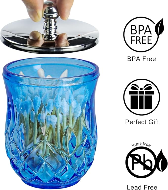 Qtip Holder,10Oz Blue Glass Apothecary Jars with Silver Lids for Bathroom Organization & Desk Storage,Thick Glass Apothecary Jars for Q-Tips,Cotton Rounds,Jewelry,Candy,Round