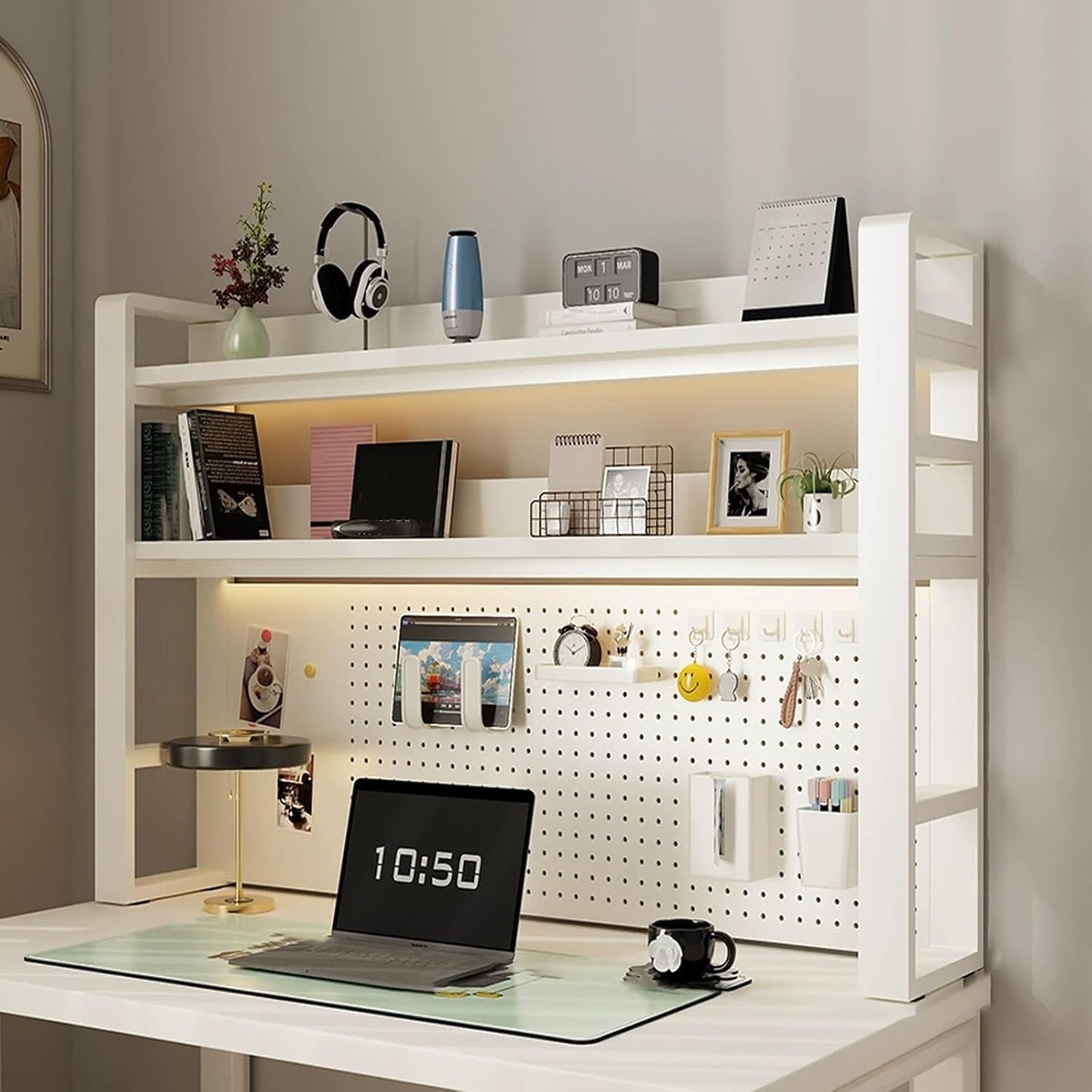 2-Tier Computer Desktop Bookshelf, Metal and Wood Desk Organizer Shelf with Pegboard, Small Freestanding Rack for Gaming, Study, and Display, for Home Office and Dorm