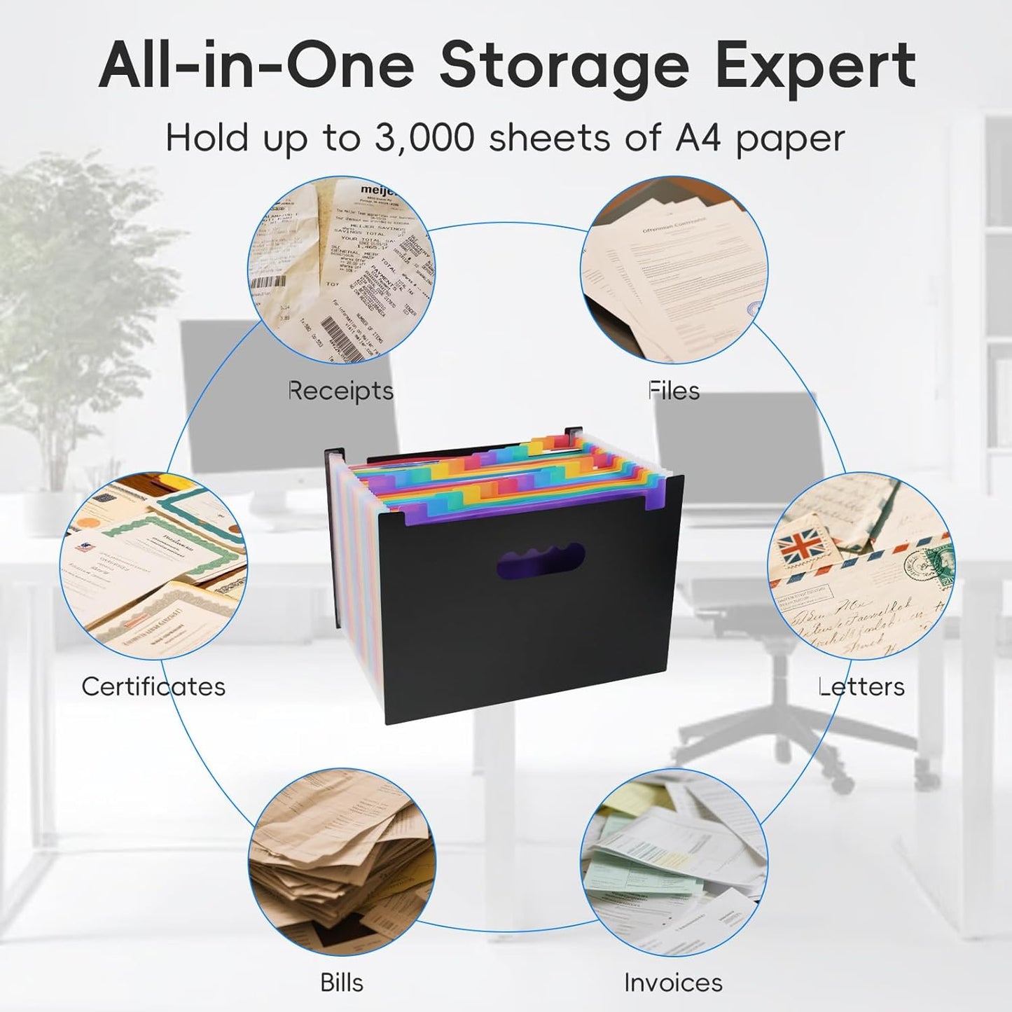 File Organizer Box with Folder, Accordion File Organizer 25 Pockets, File Folder Organizer with Lid for Home, Office, School, Dark Grey