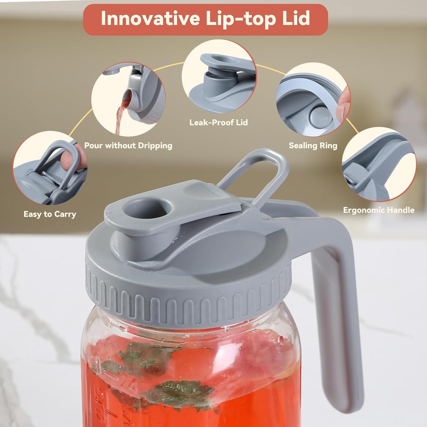 Novelinks 32OZ Glass Pitcher with Lid, Wide Mouth Mason Jar Pitcher, Leak-proof Water Jug for Juice, Milk,iced Coffee Lemonade Tea,2 Pack