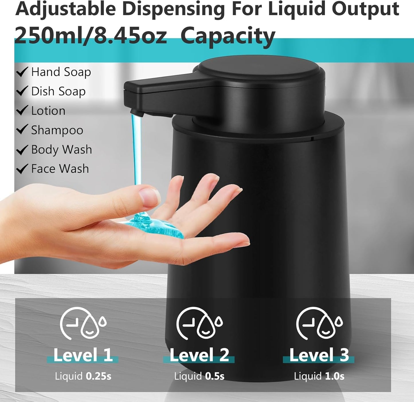 Automatic Soap Dispenser Liquid Touchless: 9oz Black Plastic - Rechargeable Electric Smart 3 Level Adjustable Auto Hand Soap Dispenser - Dish Bathroom Kitchen