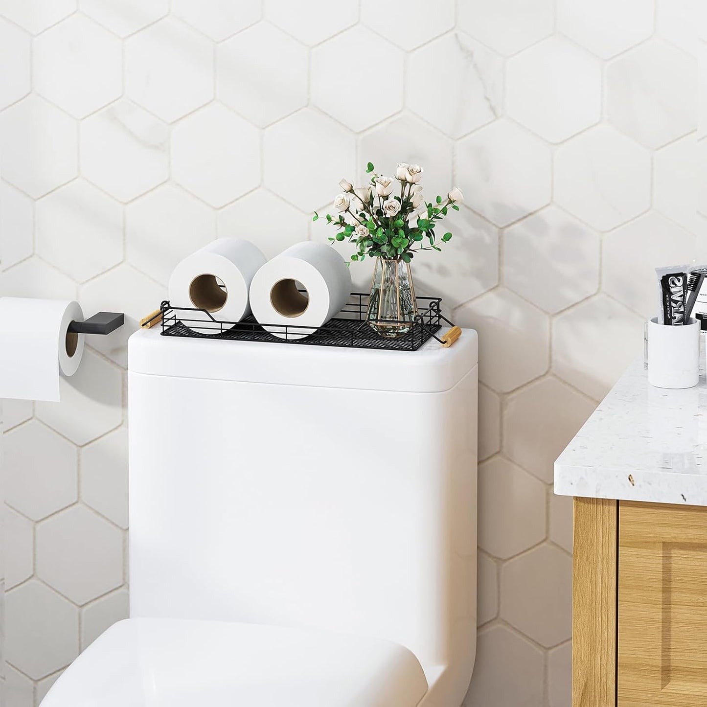 VITVITI Metal Toilet Paper Basket Storage, Bathroom Toilet Tank Tray with Bamboo Handle Countertop, Back of Toilets Tray Basket for Vanity Kitchen Counter Decor, Black