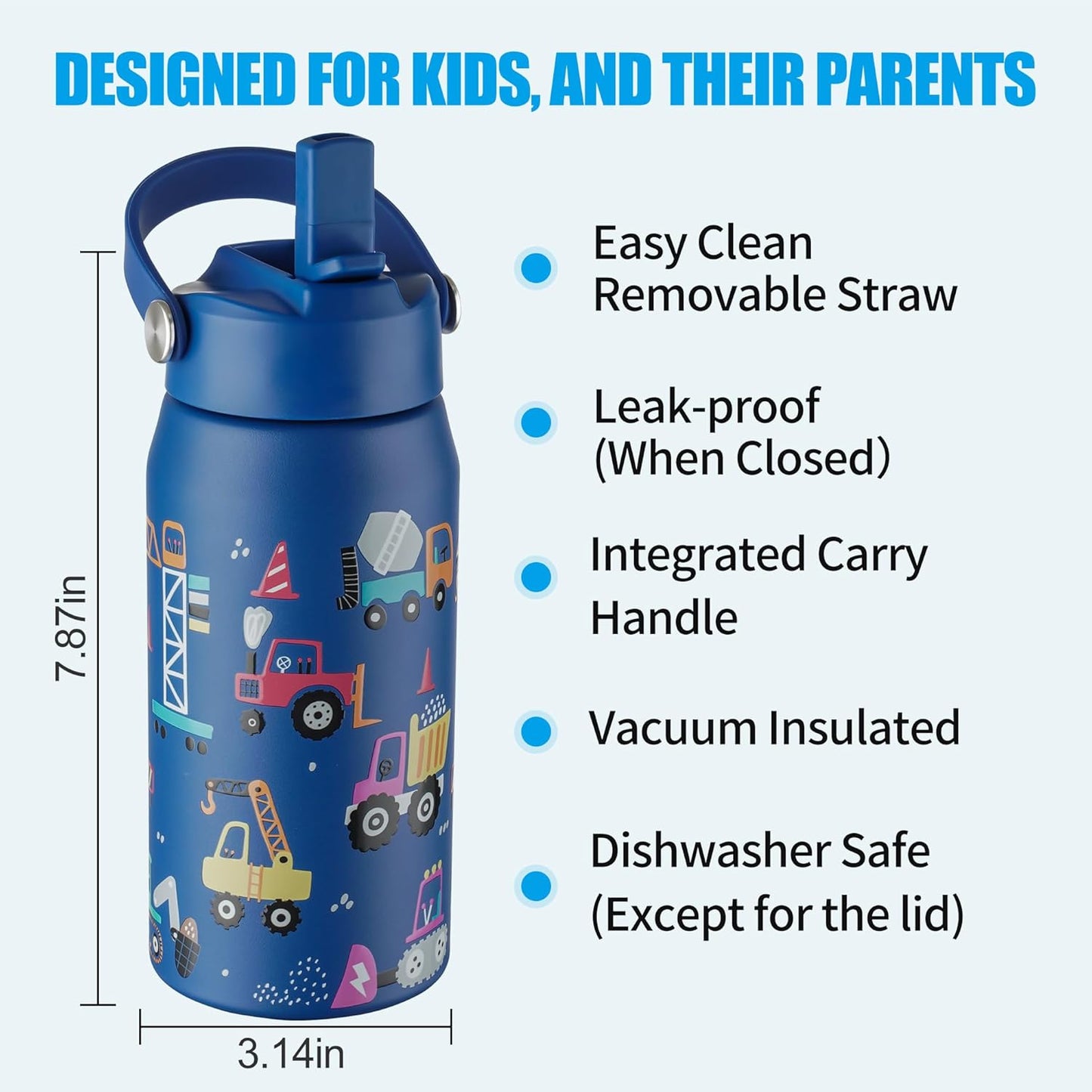 OLDLEY kids Water Bottle - 18oz Insulated Stainless Steel - Wide Straw Lid, Non Spill, Leakproof, Kids Water Bottle for School,Blue Engineering car