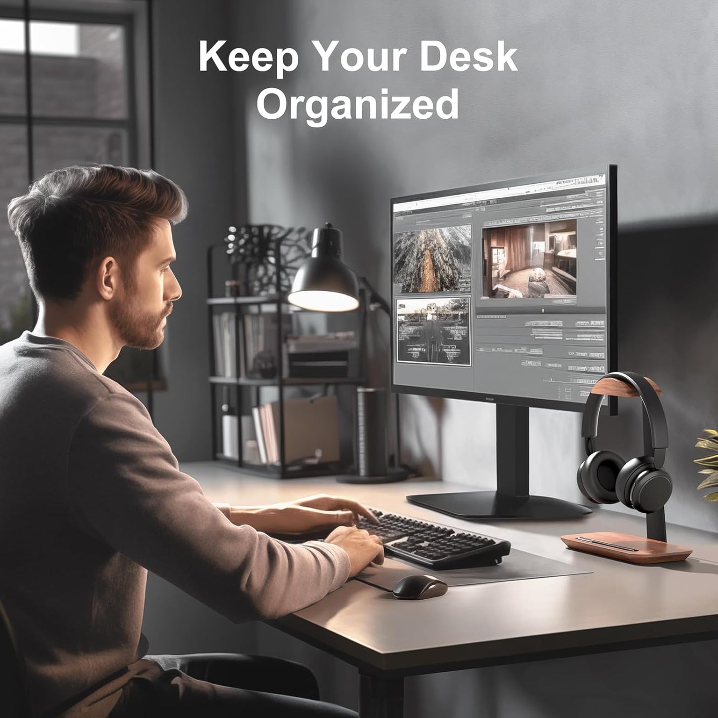 UPERGO Walnut Headphone Stand, Wood Headset Stand for Desk, Universal Headphone Holder with Storage Base for Gaming, Airpod max, Bose,Razer