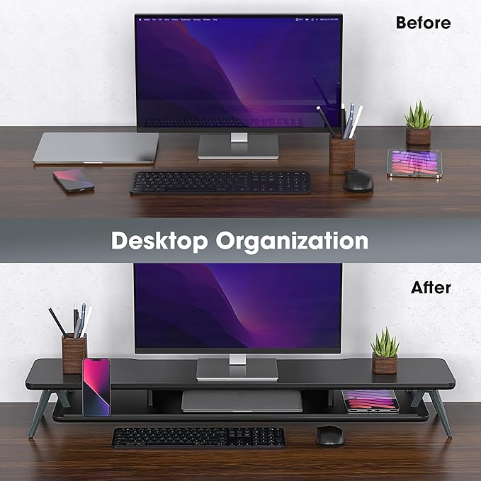 Fenge Dual Monitor Stand, Monitor Stands Riser for 2 monitors, 42.5 Inch Wood Desk Shelf with Storage Organizer and Cable Management for Office Desk Accessories