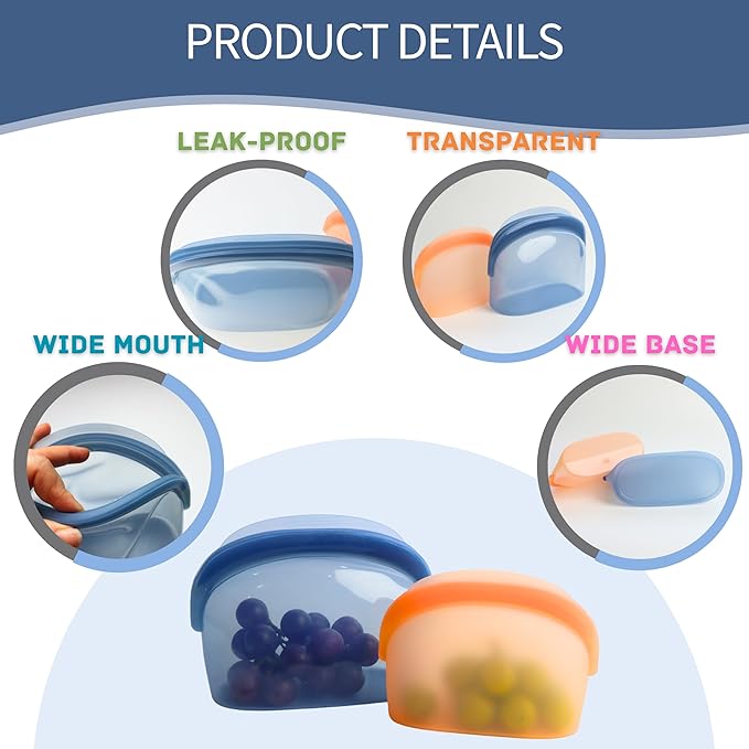 Platinum Silicone Bags Reusable Food Storage bag 34oz/17oz 2pcs Dual-Zip Leakproof Seal Wide Stand-Up Base Dual-Texture Dishwasher & Microwave Safe, BPA Free, Christmas Gift