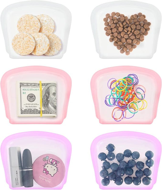 Platinum Reusable Silicone Bags - Food Grade Silicone Pocket Bags 6 Pack 7oz - Food Storage Container for Snack, Dog Treat and Cards - Large Opening Easy Clean Oven and Dishwasher Safe - Mix Color