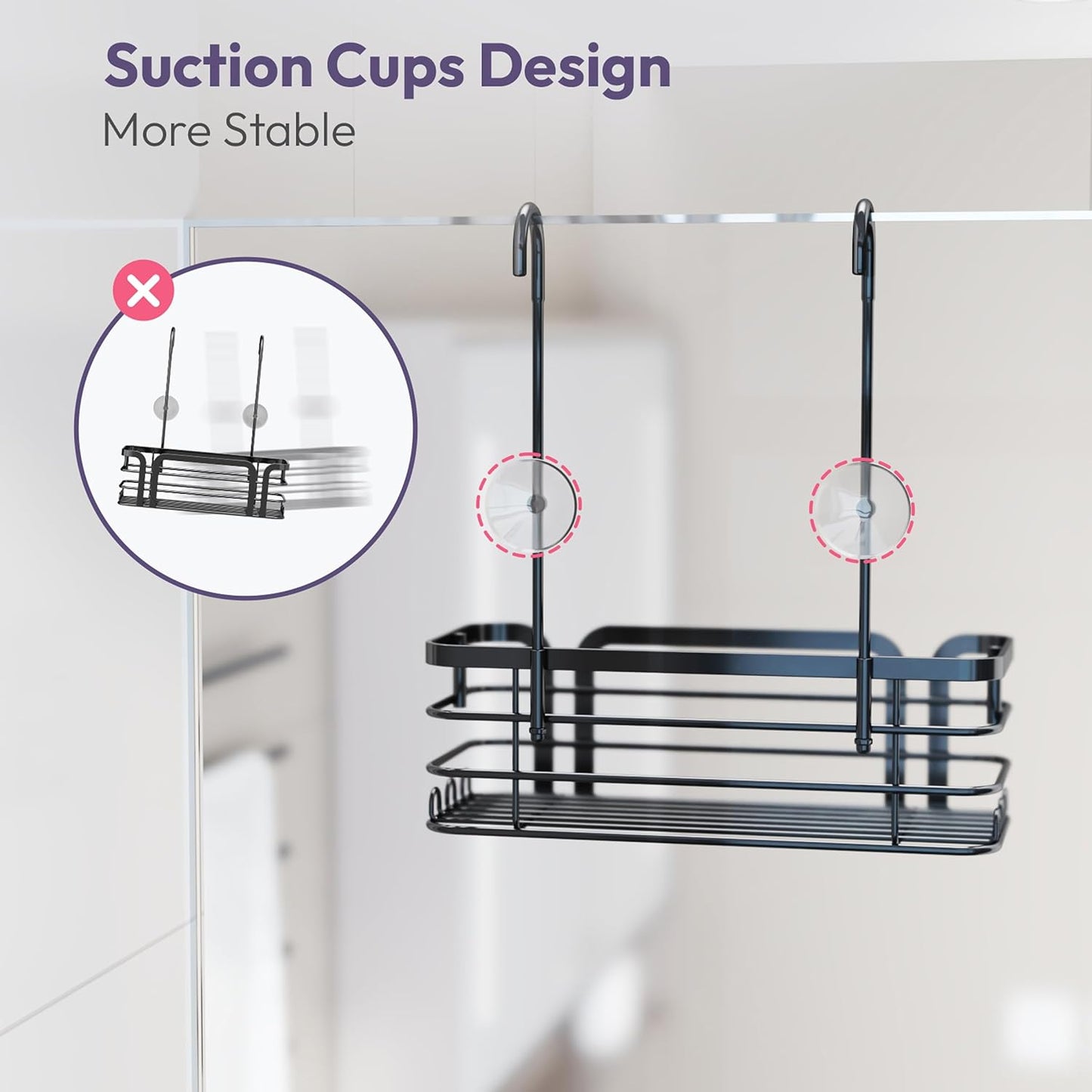 SWTYMIKI Shower Caddy Hanging Organizer - Over the Door Shower Caddy with 6 Hooks, 2 Installation Ways, Stainless Steel Rustproof Bathroom Organizer, Black