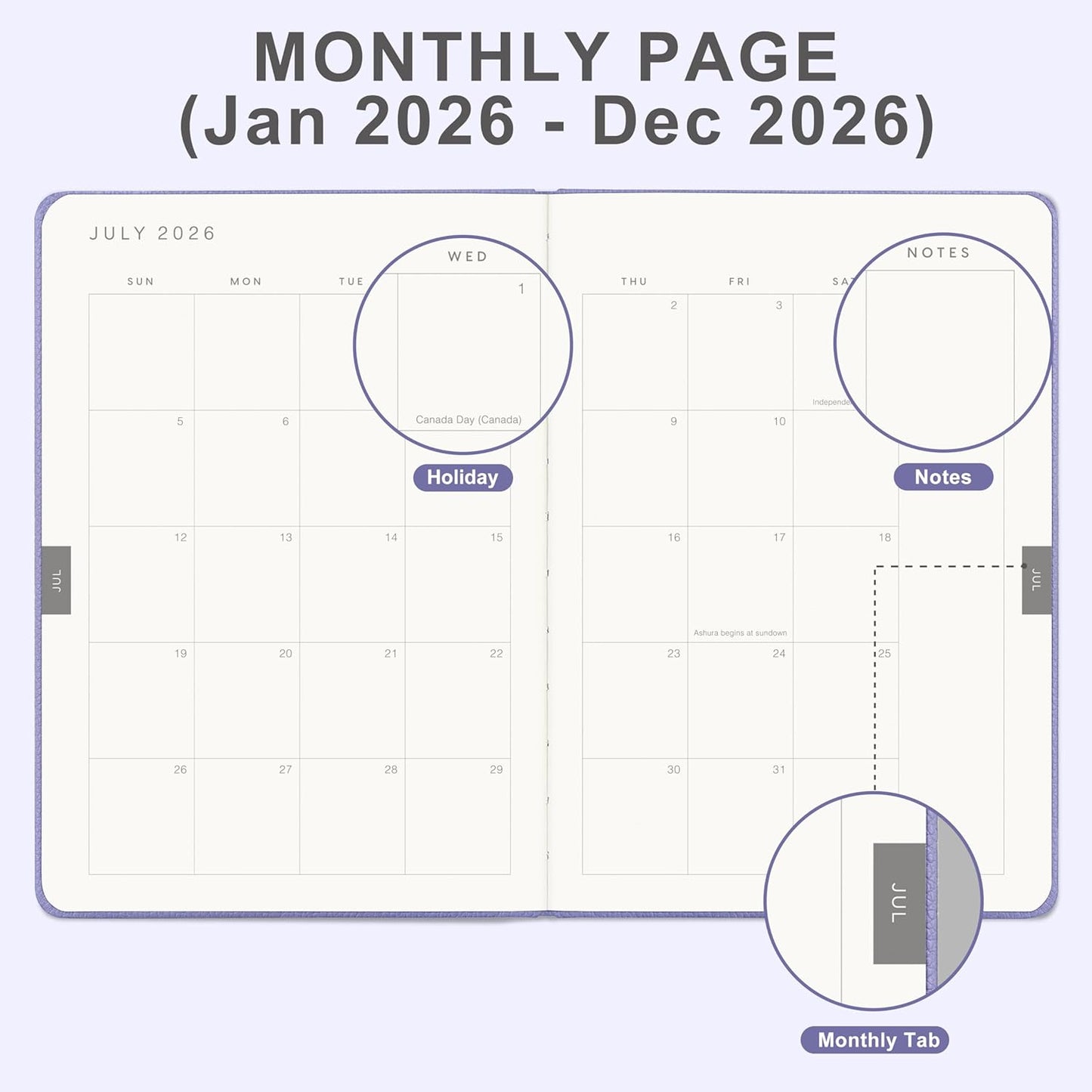 And Per Se 2026 Planner-Daily, Weekly & Monthly Leather Hardcover Planner, 5.7" x 8", Daily Schedule, Monthly Tabs, 100 GSM Thick Paper, Back Pocket(Lavender)