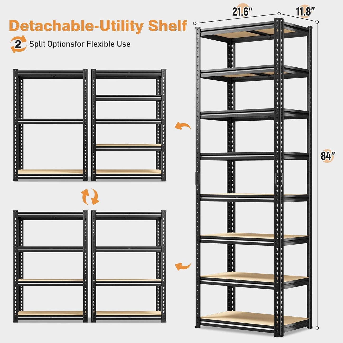 8 Tier Storage Shelves, Shelving Unit Load 400LBS Per Shelf, Adjustable and Divisible Metal Shelving, Shelving Units and Storage for Laundry Room, Pantry, Kitchen, Closet, 21.6"W x 11.8"D x 84"H