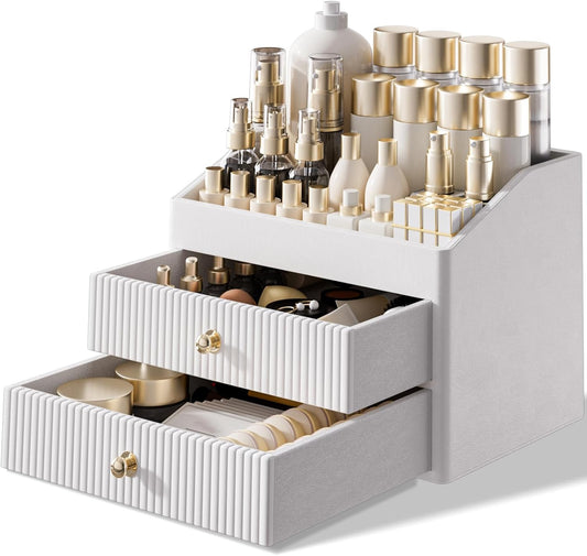Makeup Organizer Countertop,Leather Makeup Storage with 2 Drawers,Large Capacity Beige White Make up Organizers for Counter,Bedroom,Bathroom,Birthday Gifts for Women