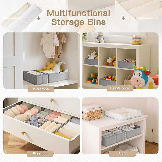 Criusia Drawer Organizer Clothes, 24 Pack Dresser Organizer for Baby Clothes, Underwear, Sock- Foldable Closet Organization and Storage Dividers Bins for Nursery, Bedroom and Dorm (Grey)