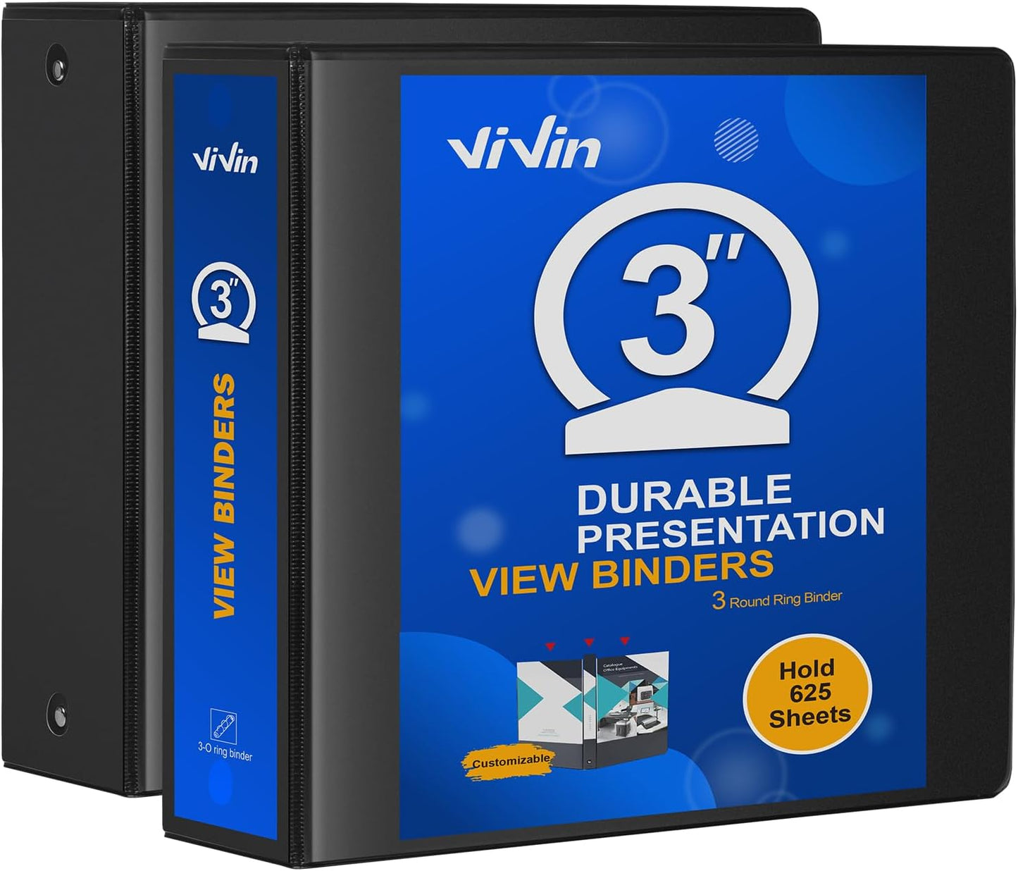 ViVin 3 Ring Binder 3 inch with Clear View Cover, Large 3" Round Ring for Strength, Holds 600 Sheets of US Letter Size Paper, Office Home School, 2 Pack (Black)