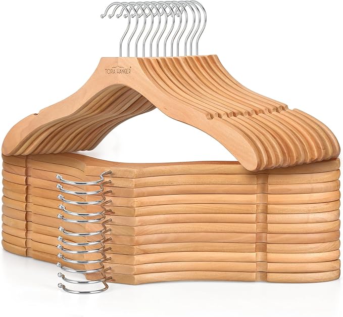 TOPIA HANGER Wooden Coat Hangers 24 Pack, Premium Wood Top Suit Hangers with No Shoulder Bump, 360° Swivel Hook and Cut Notches Clothes Hangers for Sweater, Coat, Shirts, Jackets, Dress, Natural CT85N