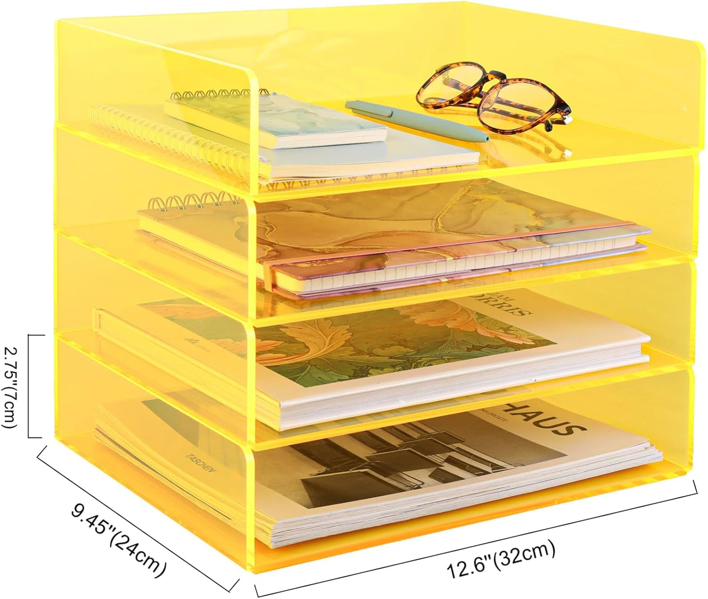 Acrylic File Organizer for Desk 4 Tiered Stackable Letter Tray Office Paper Storage Desktop Document Sorter, Neon Yellow
