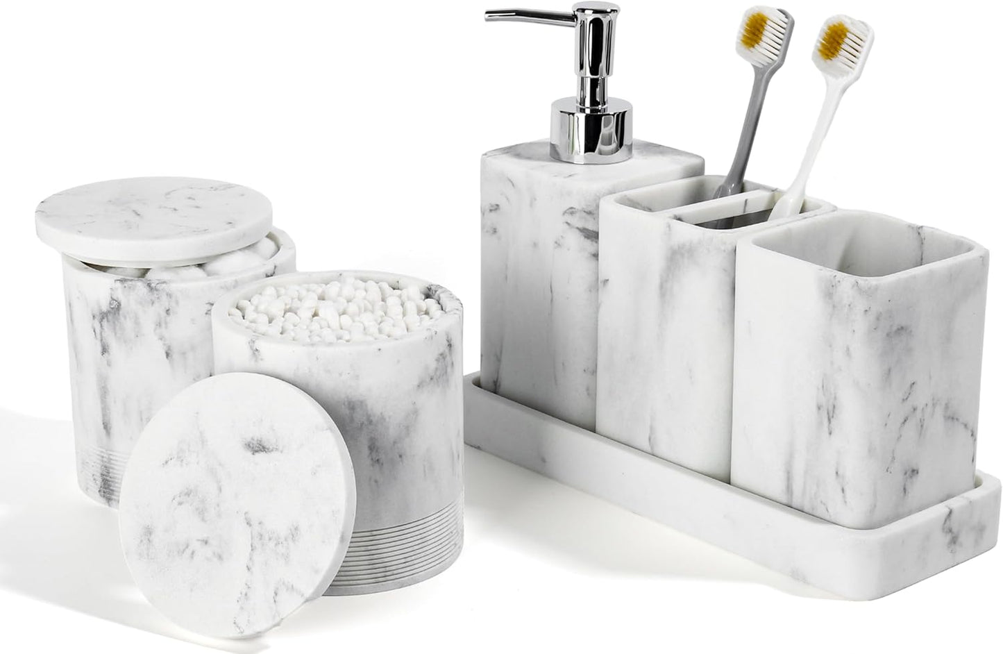 Bathroom Accessories Set, 6 Piece Bathroom Set with Toothbrush Holders, Soap Dispenser, Vanity Tray, Tumbler, Cotton Swab Jars, Bathroom Organizer，Bathroom Sink Sets, Artificial Marble White