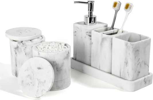 Bathroom Accessories Set, 6 Piece Bathroom Set with Toothbrush Holders, Soap Dispenser, Vanity Tray, Tumbler, Cotton Swab Jars, Bathroom Organizer，Bathroom Sink Sets, Artificial Marble White