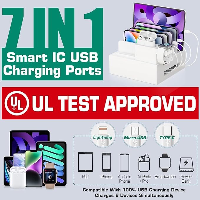 Bamboo Charging Station for Multiple Devices - Darfoo Family Charging Station with 7 USB Ports and 1 Stand for Watch-Earbud, 7 Short Charging Cables, White