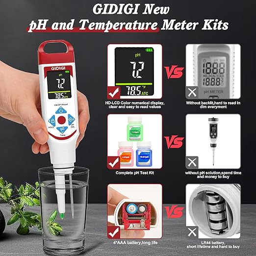 Digital pH Meter Food Pocket pH Pen for Fermentation with pH Calibration Kits Color Display Spear Tip pH Food Tester Probe with ATC for Cosmetics Sourdough Professional pH Test Strips for Food Acidity