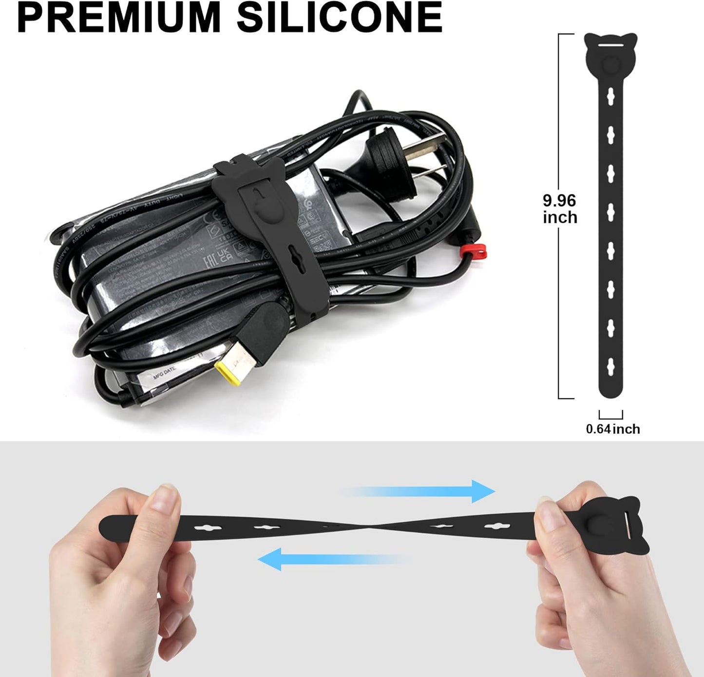 Nearockle 12Pcs Reusable Cable Ties, 10x0.6inch Elastic Silicone Cord Organizer Straps for Bundling and Organizing Cable Wires, Extendable Cable Management in Home, Kitchen, Closet, Office(Black)