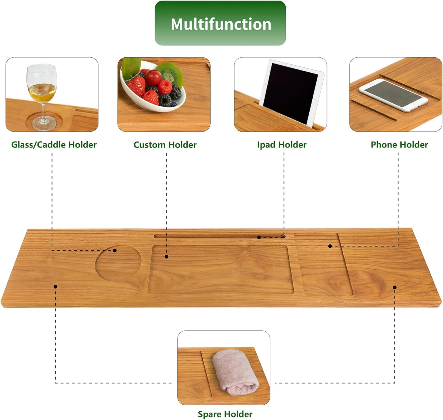 VaeFae Teak Bathtub Tray Table, Wooden Bath Board for Tub with Wine and iPad Holder