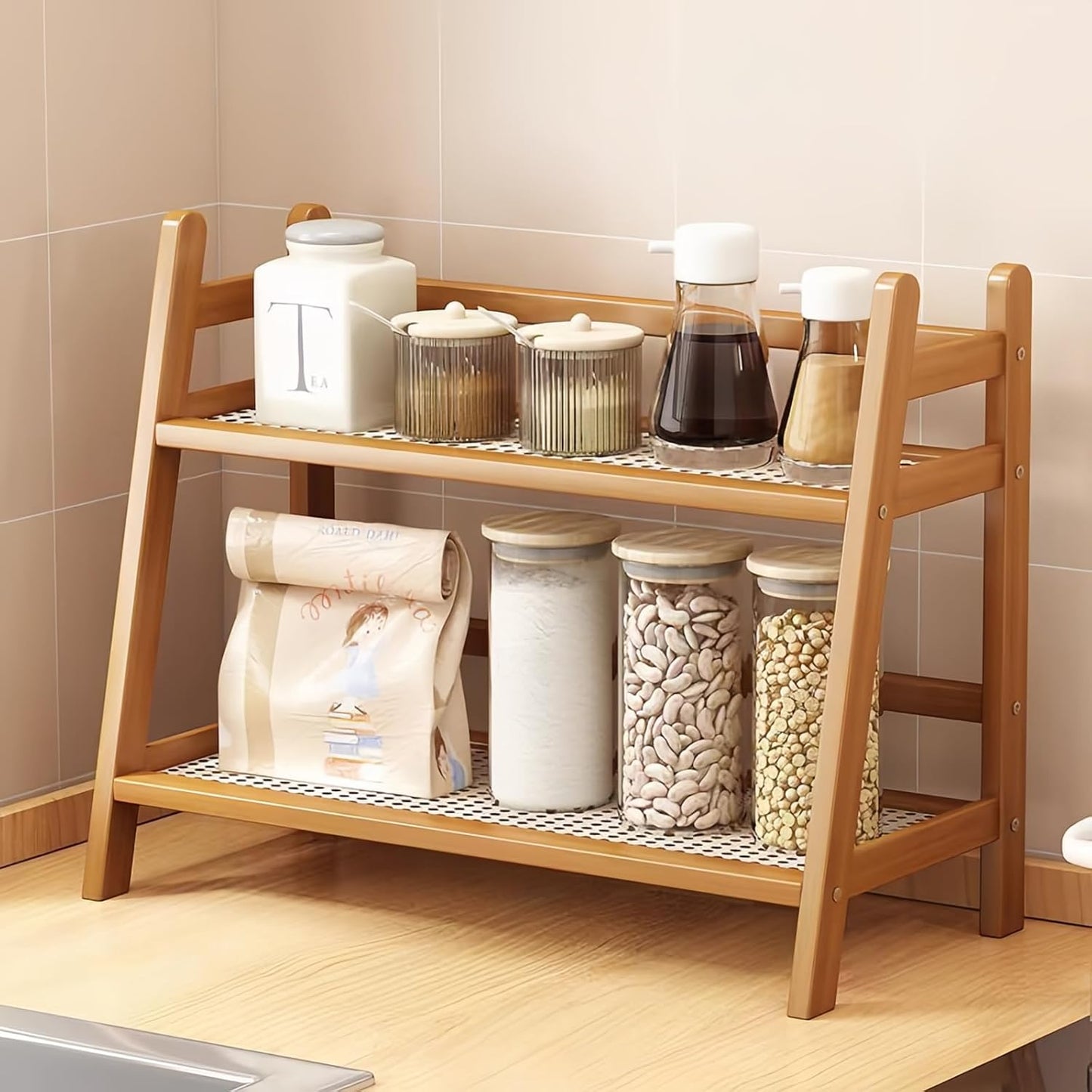 Wicker-Look Tea and Coffee Bar Station Organizer, Bamboo Mug Holder Countertop, Matcha Stand, Cup Display Shelf, Condiment Storage Rack for Kitchen Counter, 2 Tier