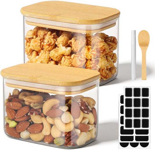 Rectangle Glass Jars with Lids, 2 Pack 17oz Glass Jars with Bamboo Lids, Airtight Pantry Storage Containers for Kitchen Countertop, Tea Container for Cereal, Sugar, Coffee, Cookie, Spice, Nuts