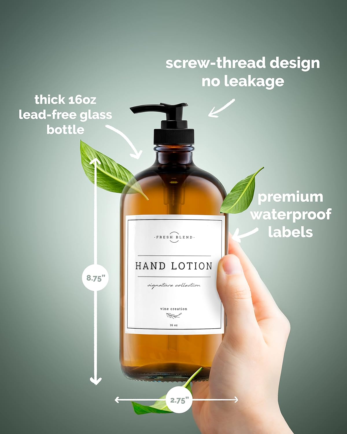 Vine Creations Amber Glass Soap Dispenser, 2 Pack Kitchen Soap Dispenser Set with Rustproof Pump, 16 oz Dish Soap and Hand Soap Dispensers for Bathroom with Waterproof Labels