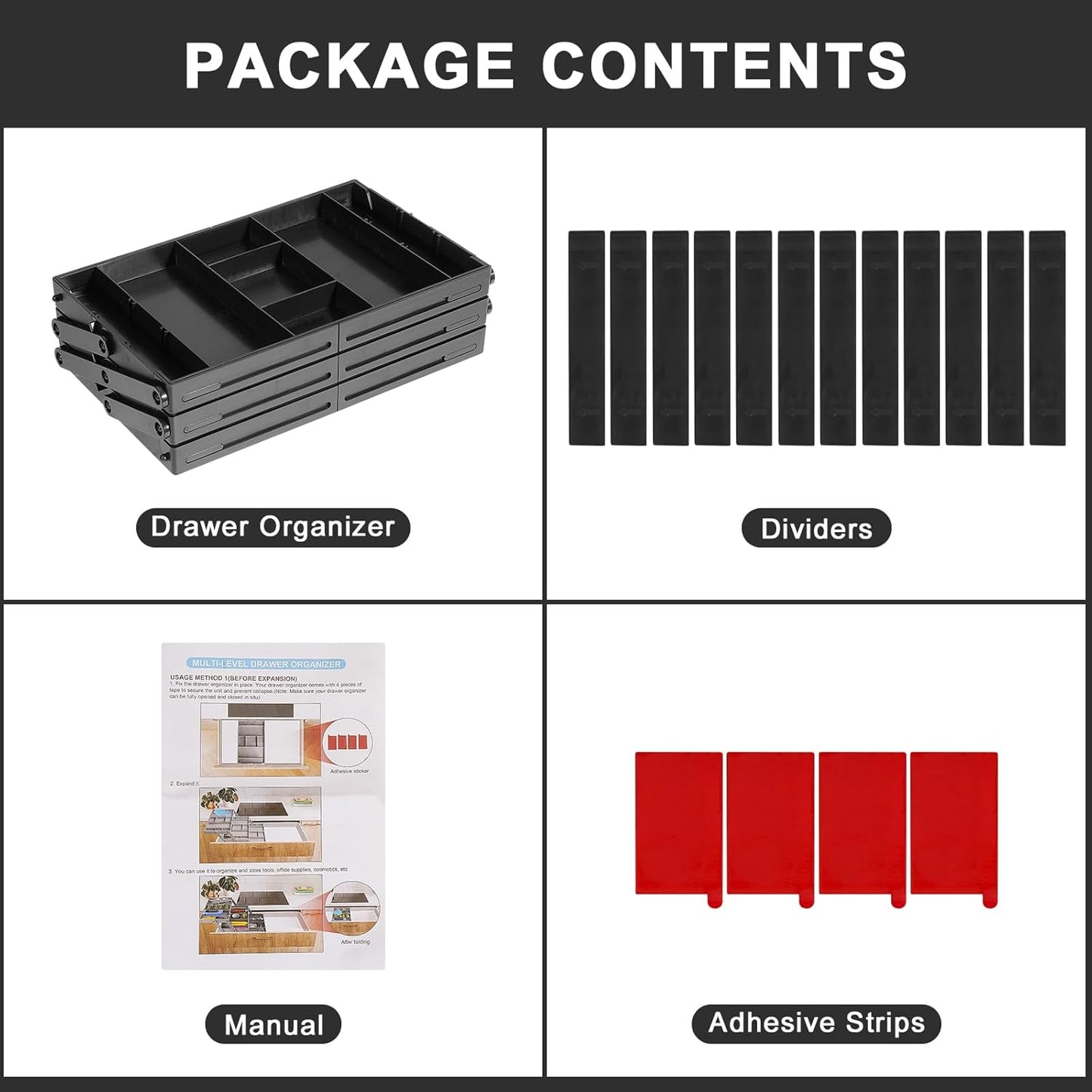 Aobiono Multi Level Smart Drawer Organizer, Multi Tier Expandable Storage Collapsible Foldable Trays for Jewelry, Cosmetics, Makeup, Tools, Battery (Black, Single Row - 3 Levels)