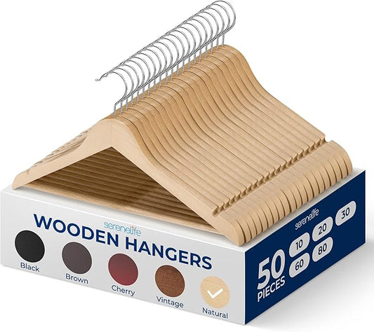 SereneLife Solid Wooden Hangers, Mega Pack, 50 Pieces Hangers for Clothes, Heavy Duty Suit Hanger Set with Chrome 360 Degree Swivel Hook, Notched Design, Natural Wood Color