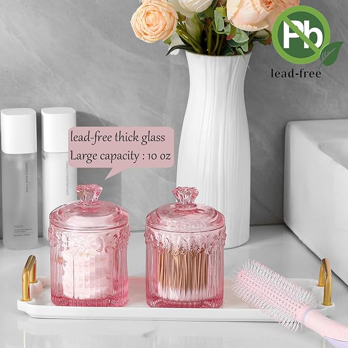 rejomiik 2 Pack Qtip Holder Glass Apothecary Jars with Lids Set Bathroom Canisters Dispenser Organizers and Storage for Cotton Swabs, Balls, Pads, Floss Picks, Candy, Pink