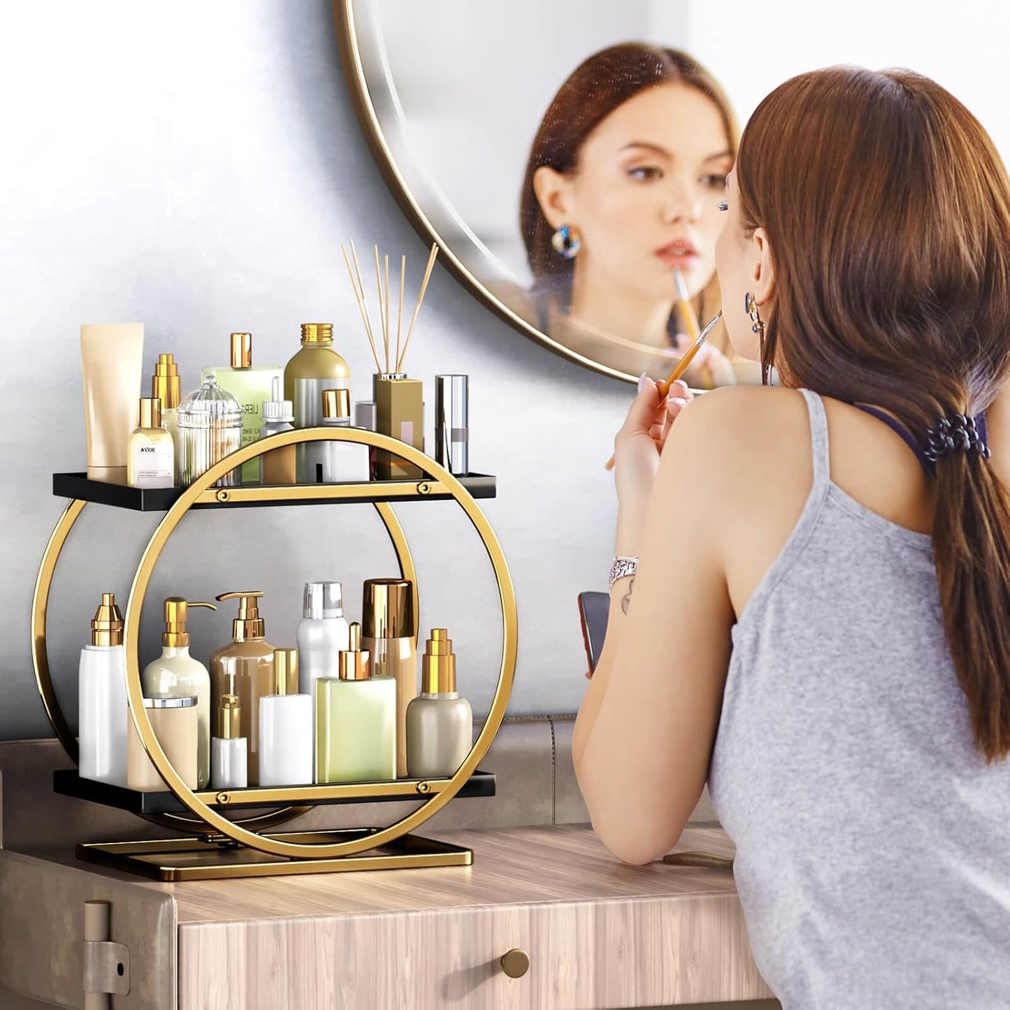 Makeup Organizer for Vanity, Black Gold Perfume Organizer for Dresser, 2-Tier Bathroom Countertop Organizers, Bathroom Counter Shelf Skincare Holder Perfume Tray Cosmetic Display