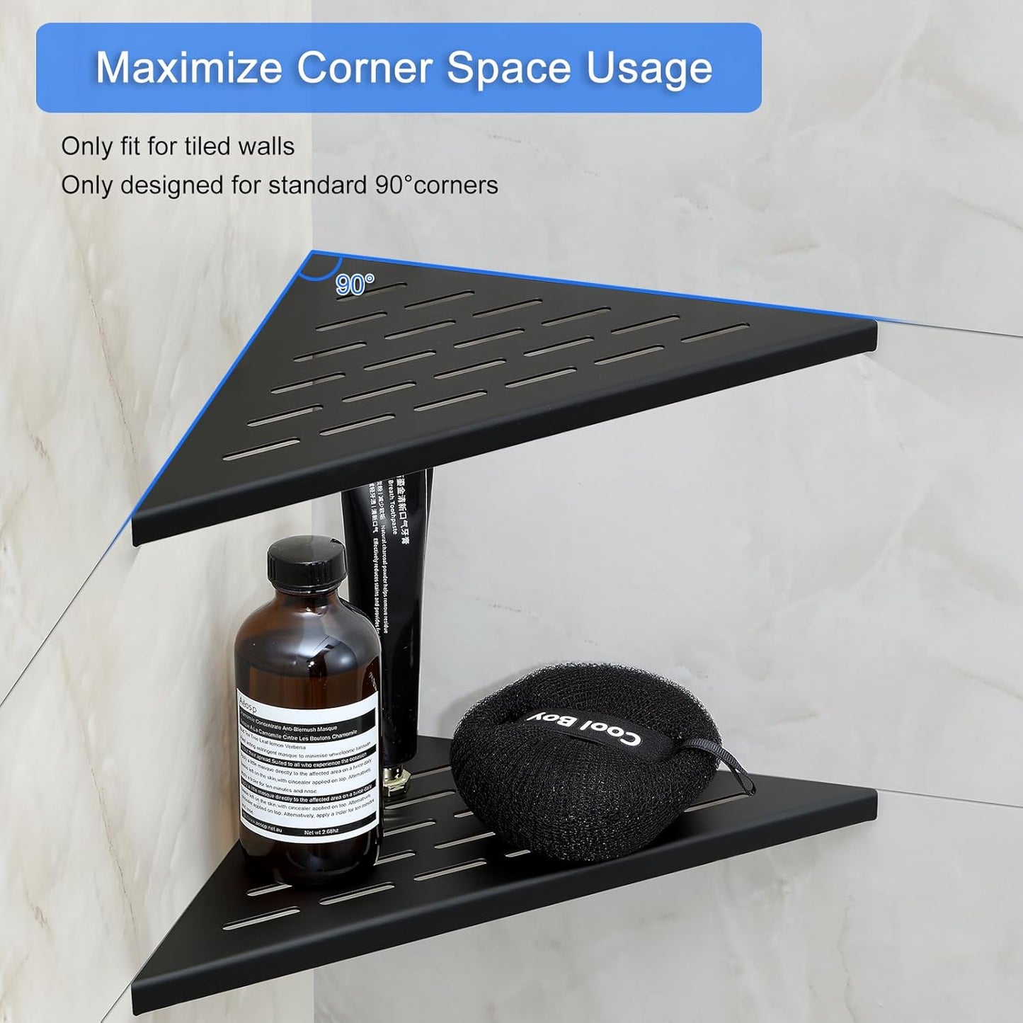 MENATT 10" No Drilling Corner Shower Shelf (2-Pack) – Recessed Stainless Steel Shower Caddy for Tiled Walls, 304 Steel Bathroom Shelves, Wall Mounted Triangular Organizer(Matte Black)