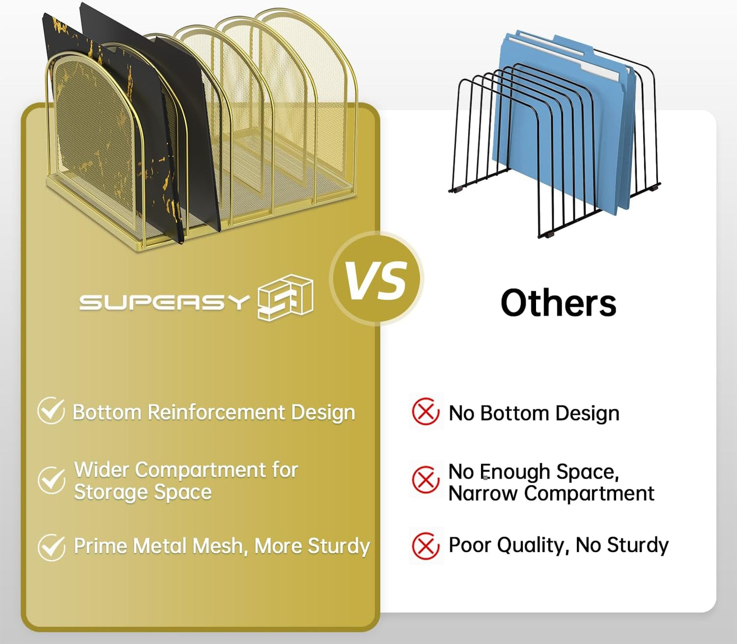 SUPEASY File Organizer for Desk, 5-Section Mesh Desk Organizer, Vertical File Holder Desktop Organizer File Sorter, File Folder Holder for Office Supplies, Gold
