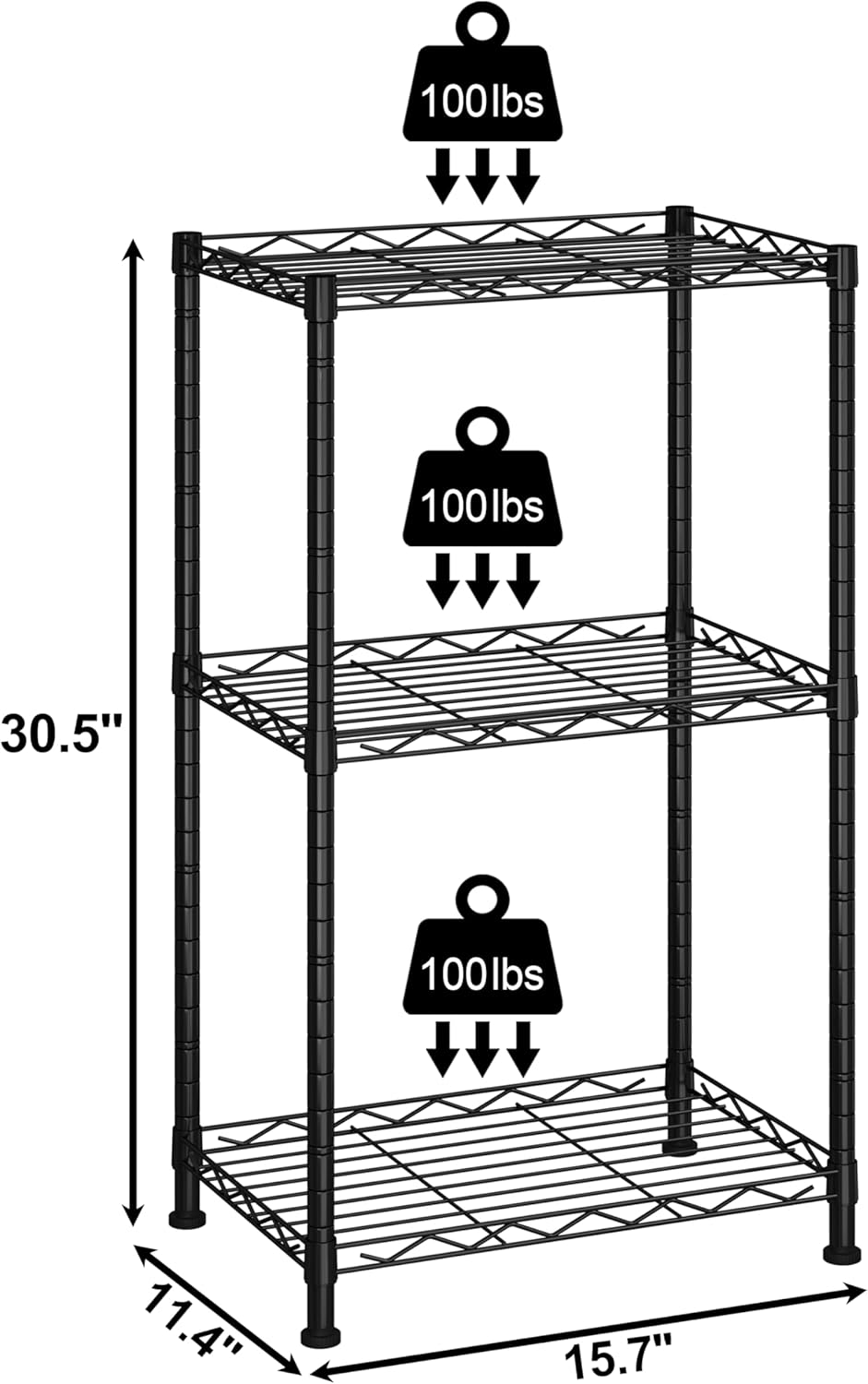 HOMEFORT Storage Shelves, 3-Wire Shelving, Metal Shelving Unit Adjustable Storage Shelves Rack for Kitchen, Pantry, Bathroom, Black, 15.7" W x 11.6" D x 30" H